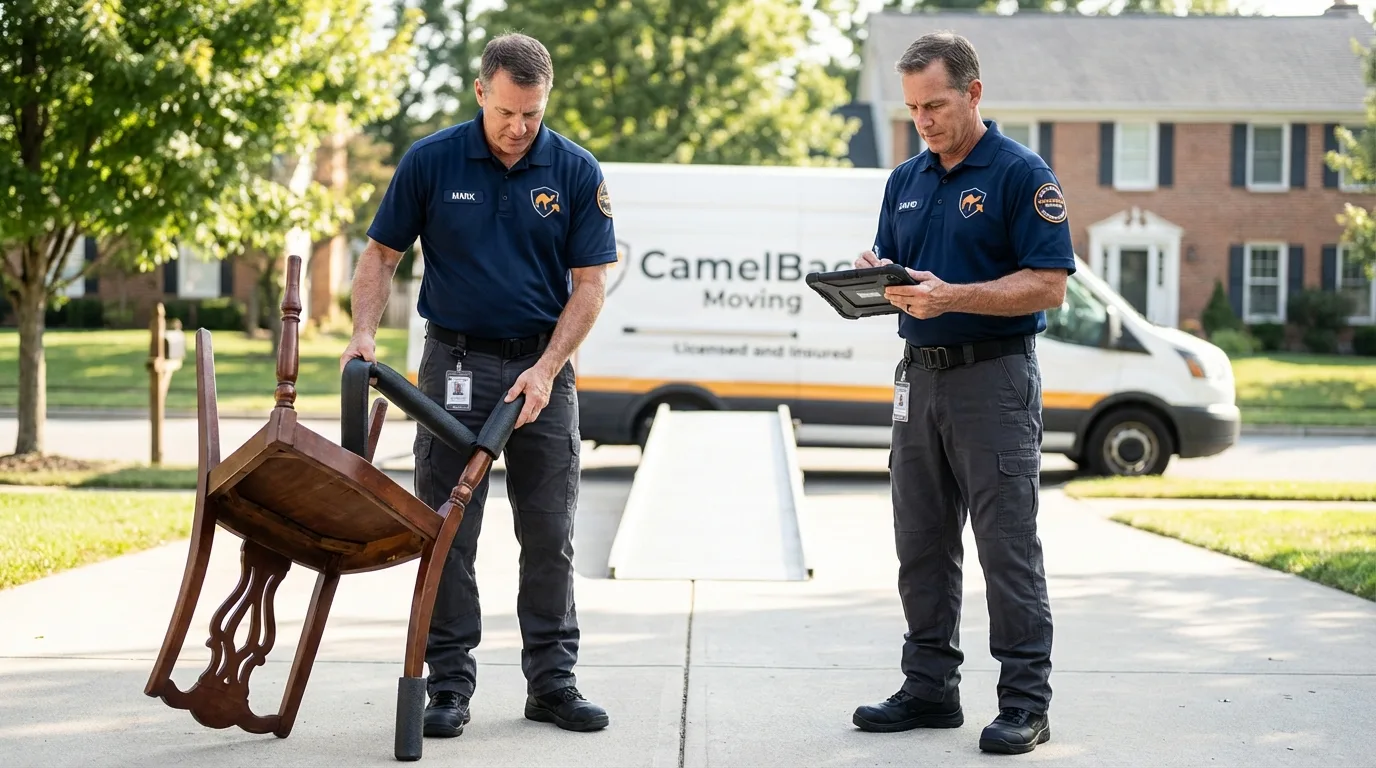 Movers inspecting furniture for damage prevention before loading in Julesburg, CO