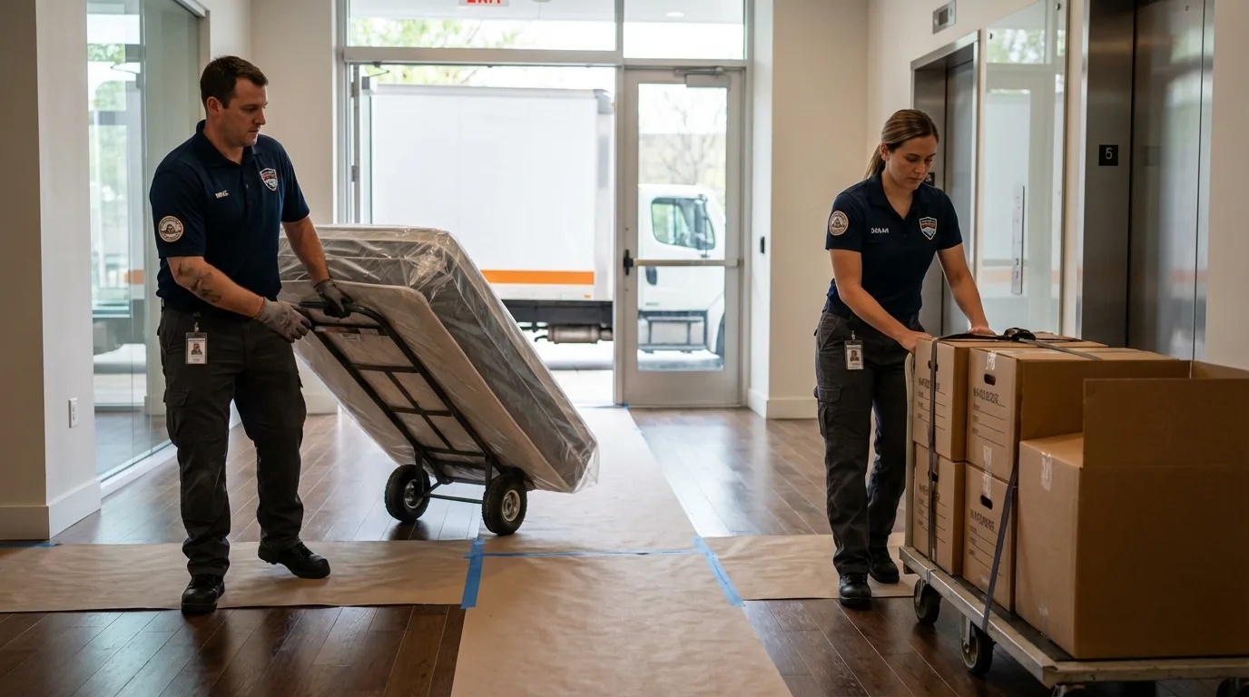 Professional apartment movers loading elevator in Julesburg, CO